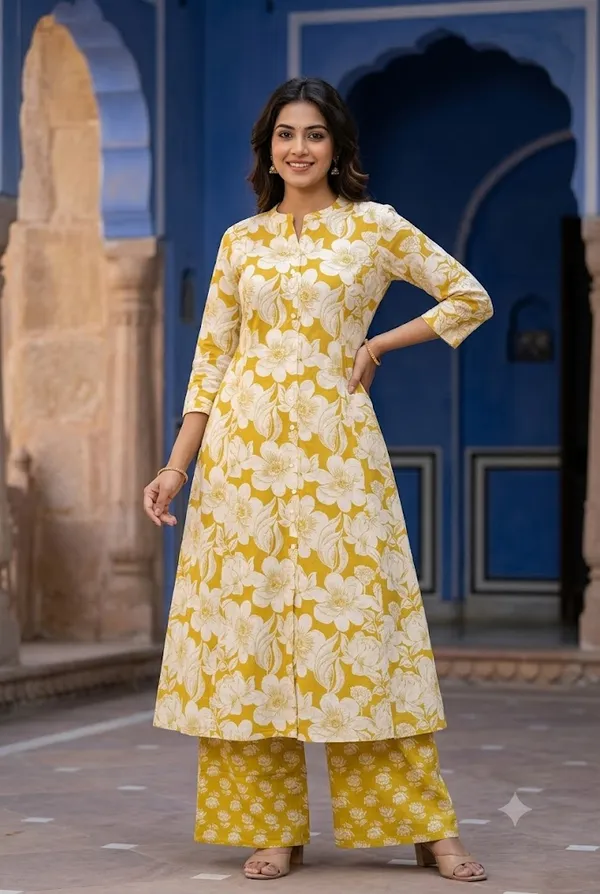 Mustard_Yellow_Floral_Printed_A_Line_Kurta_With_Palazzo_Pants_Set_Yellow