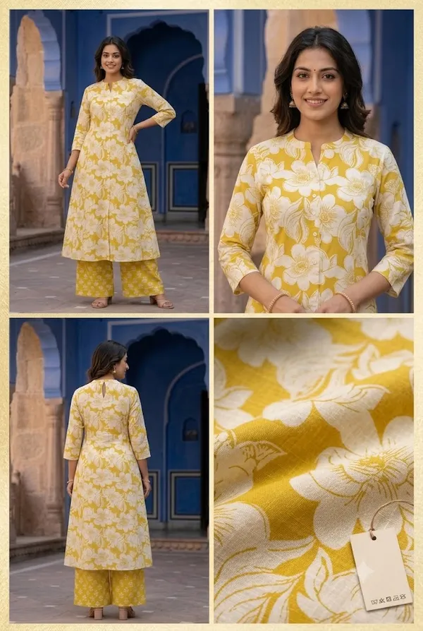 Mustard_Yellow_Floral_Printed_A_Line_Kurta_With_Palazzo_Pants_Set_Yellow