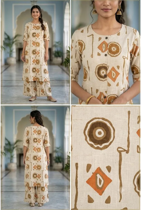 Beige_Printed_Cotton_Kurta_With_Palazzo_Pants_Set_Ethnic_Casual_Wear_Co_Ord_Set_Begie
