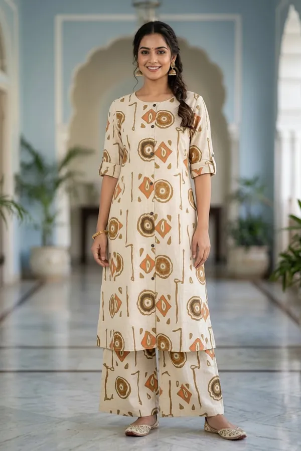 Beige_Printed_Cotton_Kurta_With_Palazzo_Pants_Set_Ethnic_Casual_Wear_Co_Ord_Set_Begie
