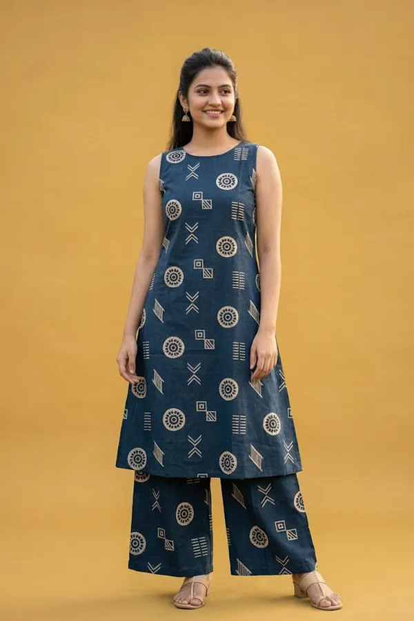 Teal_Blue_Printed_Sleeveless_Kurta_With_Palazzo_Pants_Set_Cotton_Co_Ord_Set_Royal_Blue