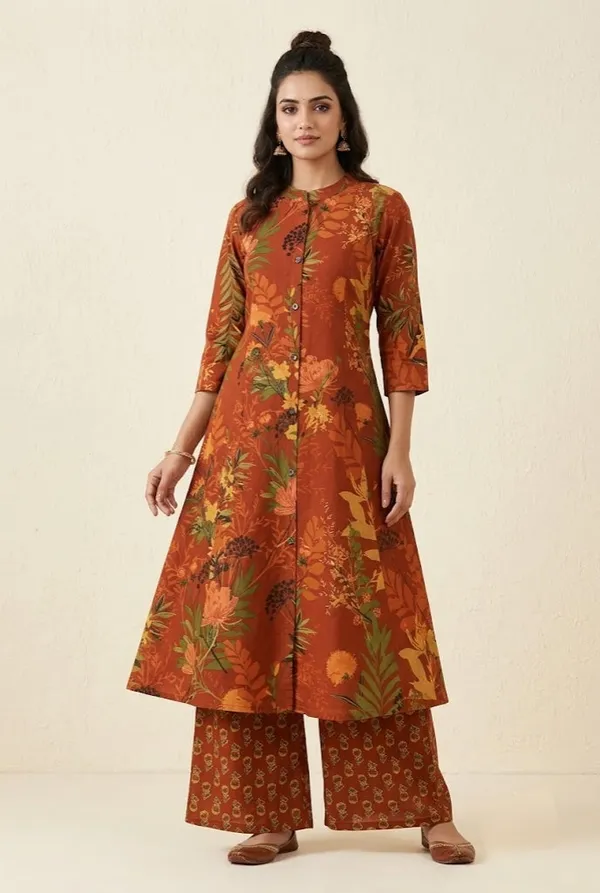Rust_Orange_Floral_Printed_Front_Button_Co_Ord_Set_Rust_Orange