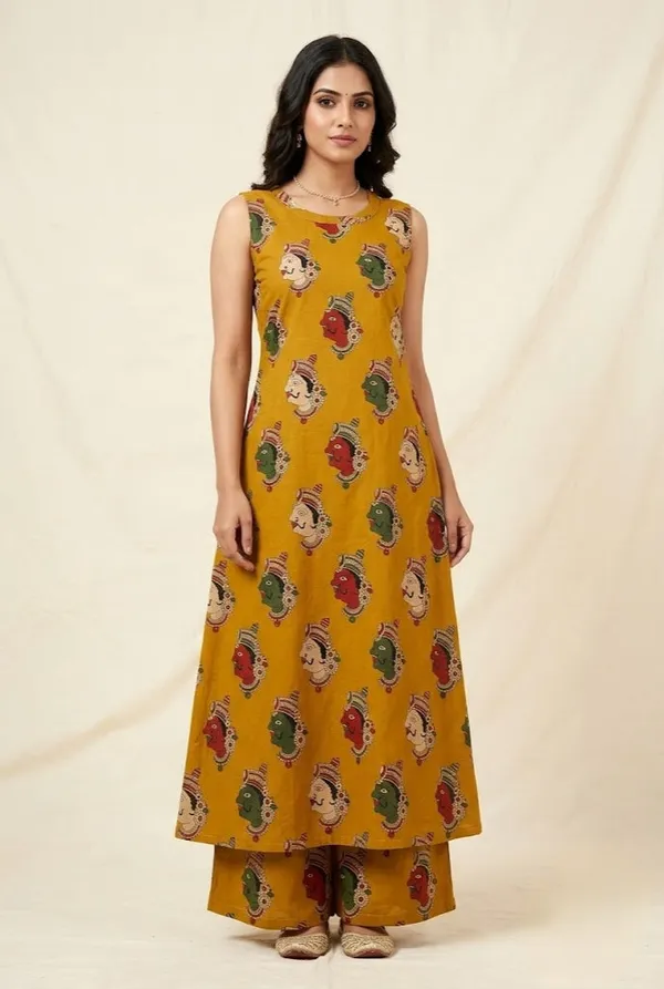 Mustard_Yellow_Folk_Art_Motif_Sleeveless_A_Line_Kurti_Co_Ord_Set_Mustard_Yellow