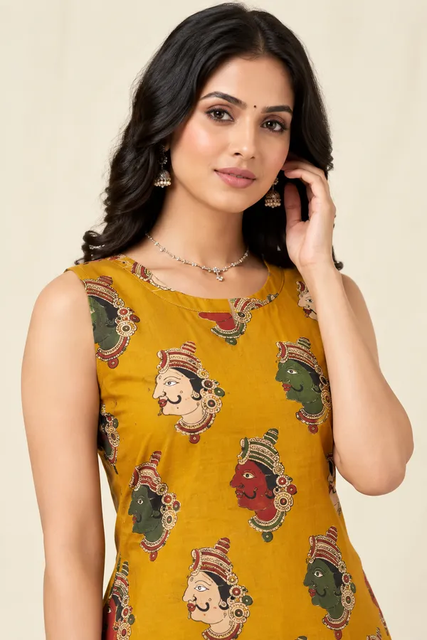 Mustard_Yellow_Folk_Art_Motif_Sleeveless_A_Line_Kurti_Co_Ord_Set_Mustard_Yellow