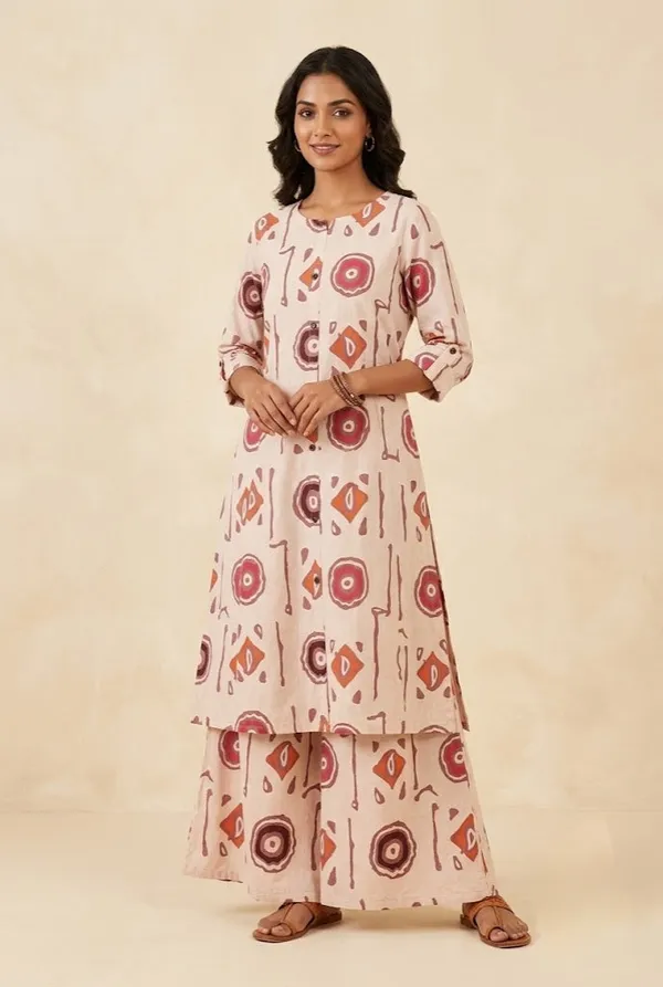 Abstract_Print_Mandarin_Neck_Kurti_Co_Ord_Set_Mauve_Pink