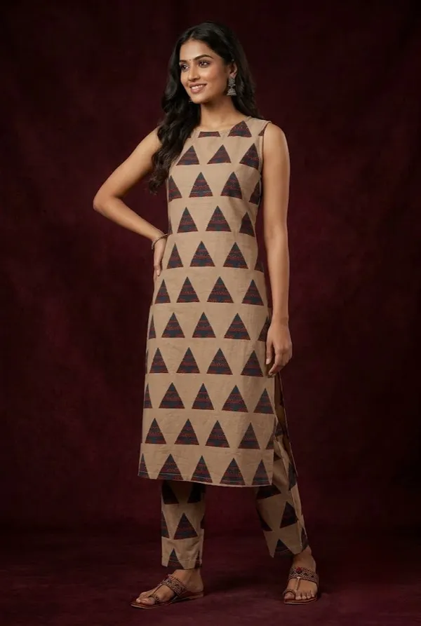 Geometric_Straight_Kurti_Ankle_Length_Pants_Set_Begie