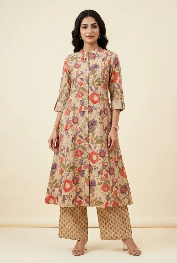 Beige_Floral_Button_Down_Kurti_Wide_Leg_Trouser_Set_Begie