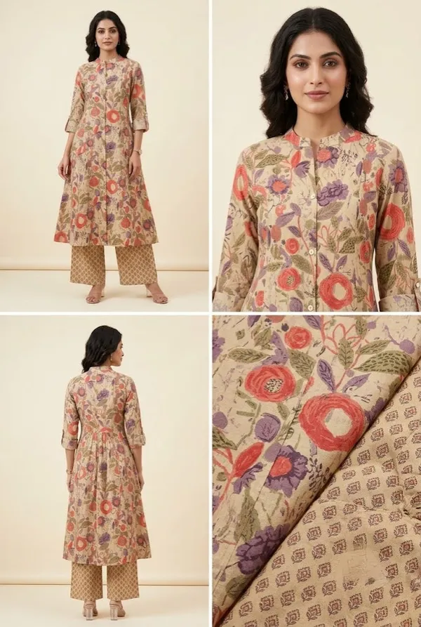 Beige_Floral_Button_Down_Kurti_Wide_Leg_Trouser_Set_Begie