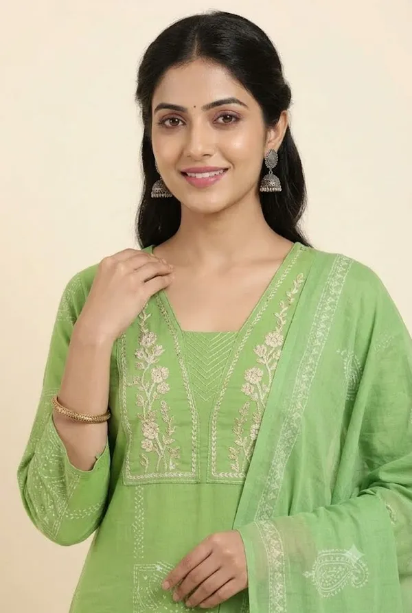 Light_Green_Embroidered_Yoke_Straight_Kurta_With_Trousers_Printed_Dupatta_Set_Mint_Green