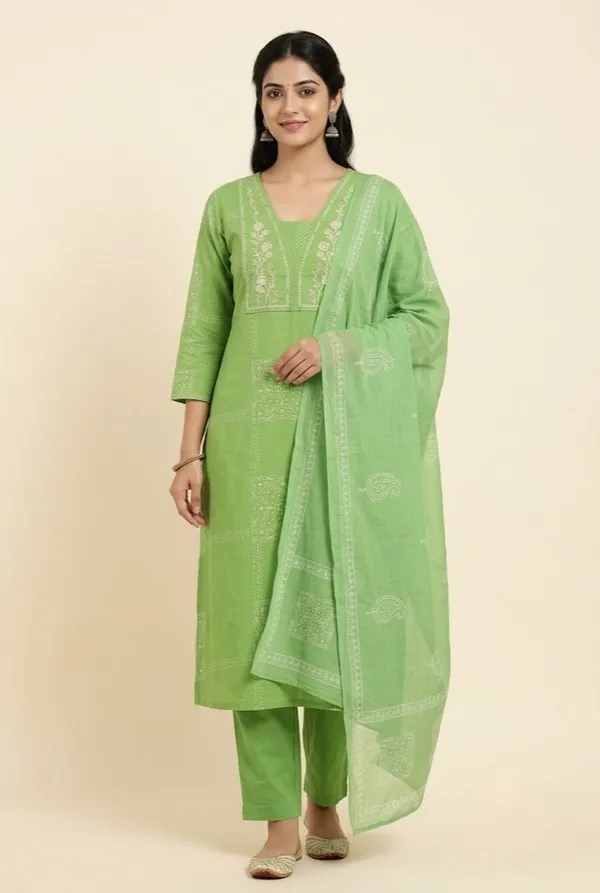Light_Green_Embroidered_Yoke_Straight_Kurta_With_Trousers_Printed_Dupatta_Set_Mint_Green