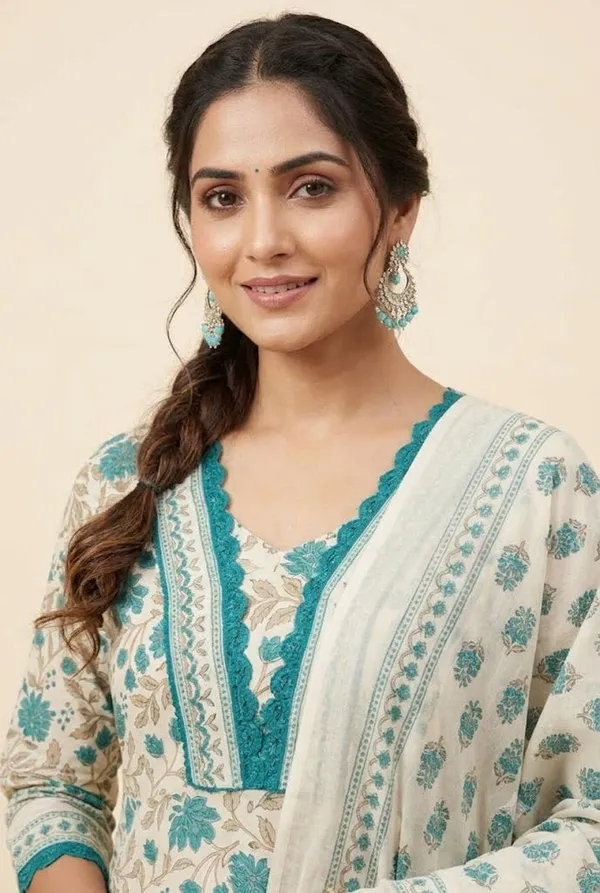 Off_White_Teal_Floral_Block_Print_A_Line_Kurta_Set_With_Lace_Hem_Dupatta_Teal_Green