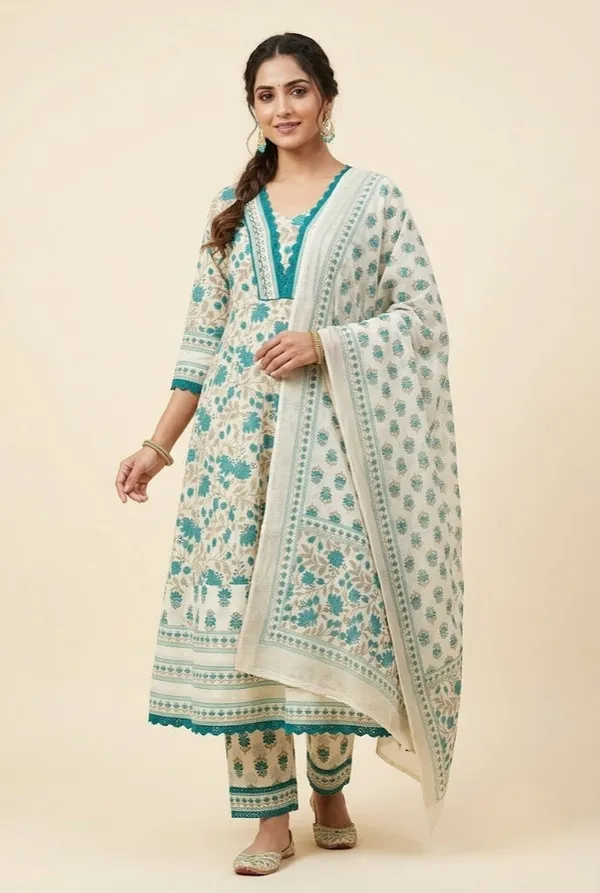 Off_White_Teal_Floral_Block_Print_A_Line_Kurta_Set_With_Lace_Hem_Dupatta_Teal_Green