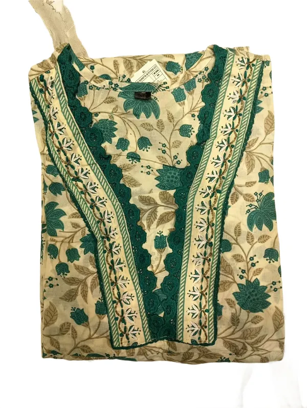 Off_White_Teal_Floral_Block_Print_A_Line_Kurta_Set_With_Lace_Hem_Dupatta_Teal_Green