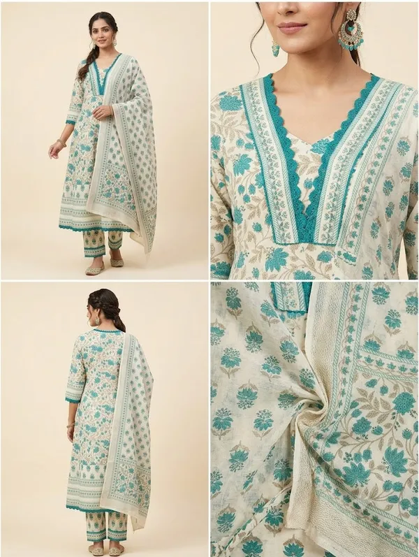 Off_White_Teal_Floral_Block_Print_A_Line_Kurta_Set_With_Lace_Hem_Dupatta_Teal_Green