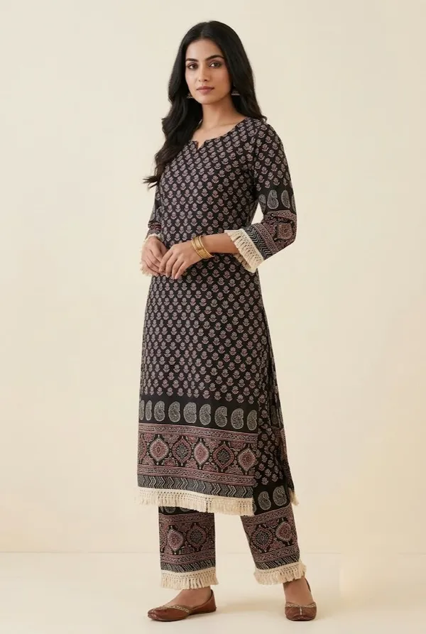 Black_Printed_Straight_Kurta_With_Matching_Pants_Fringe_Border_Detail_Black