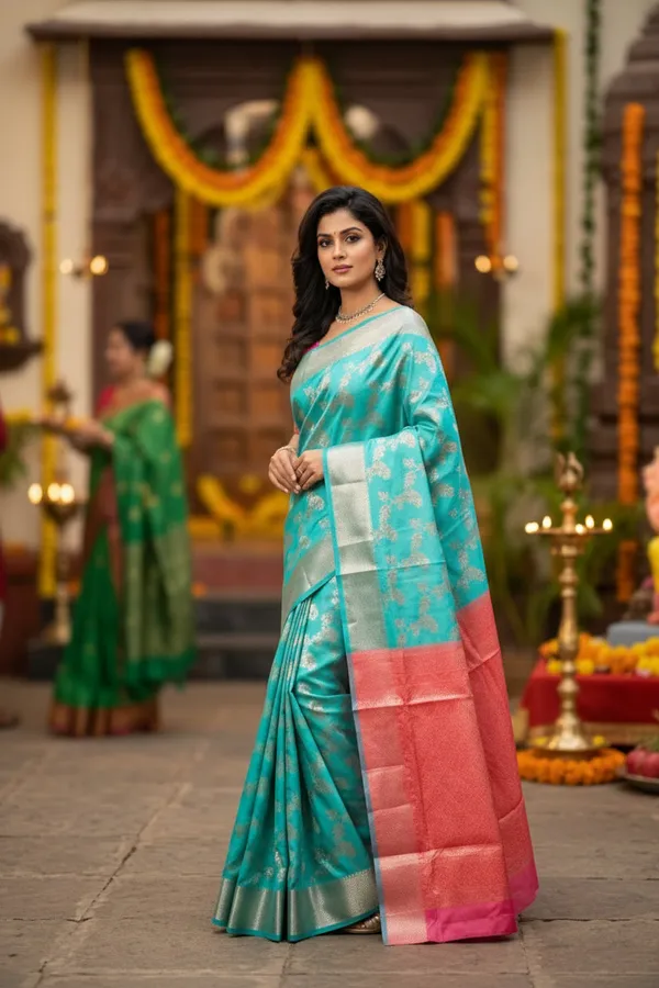 Elegant_Turquoise_Pink_Jacquard_Silk_Saree_Teal_Blue