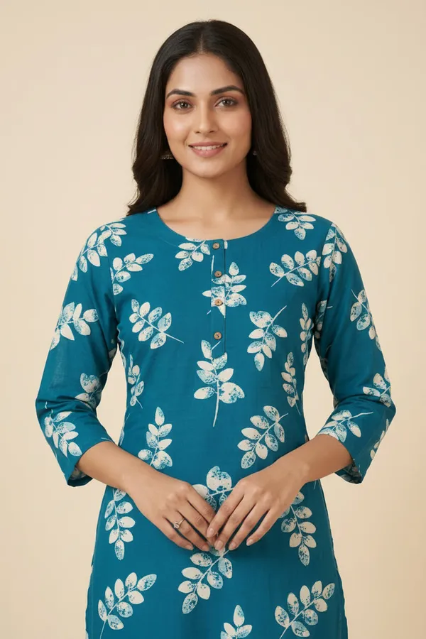 Women_S_Teal_Blue_Leaf_Printed_Straight_Cotton_Kurti_Teal_Blue