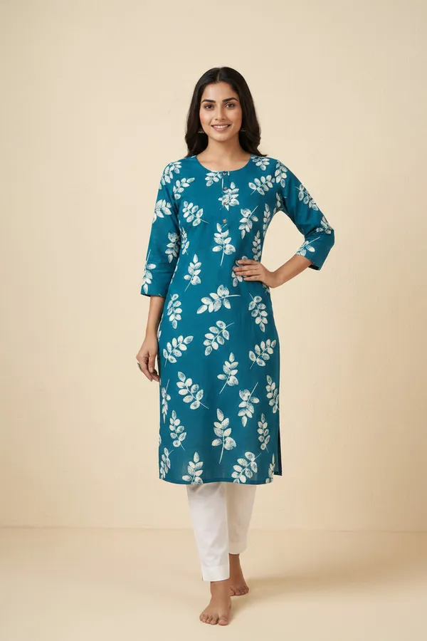Women_S_Teal_Blue_Leaf_Printed_Straight_Cotton_Kurti_Teal_Blue