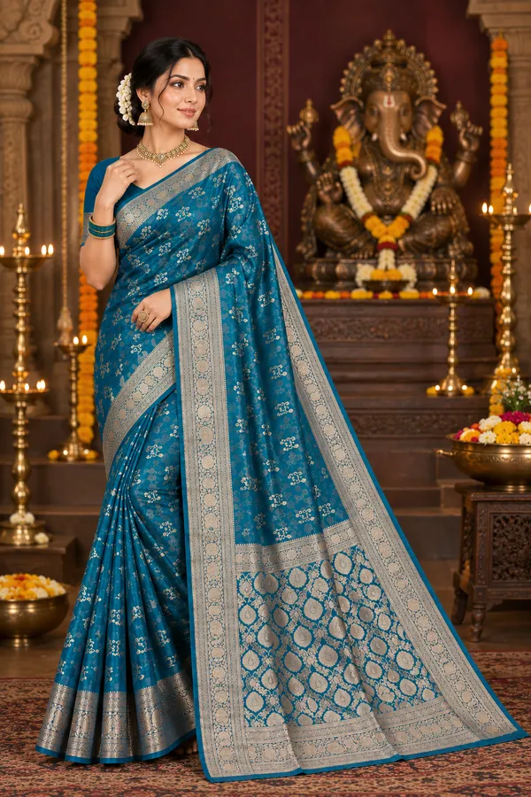 Teal_Blue_Banarasi_Silk_Saree_With_Rich_Zari_Border_Deep_Teal_Blue