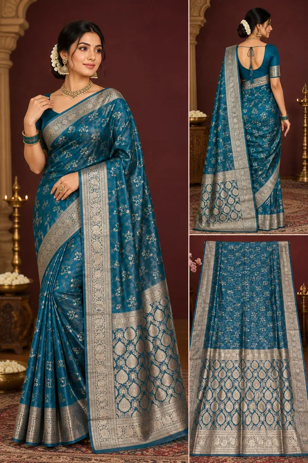 Teal_Blue_Banarasi_Silk_Saree_With_Rich_Zari_Border_Deep_Teal_Blue