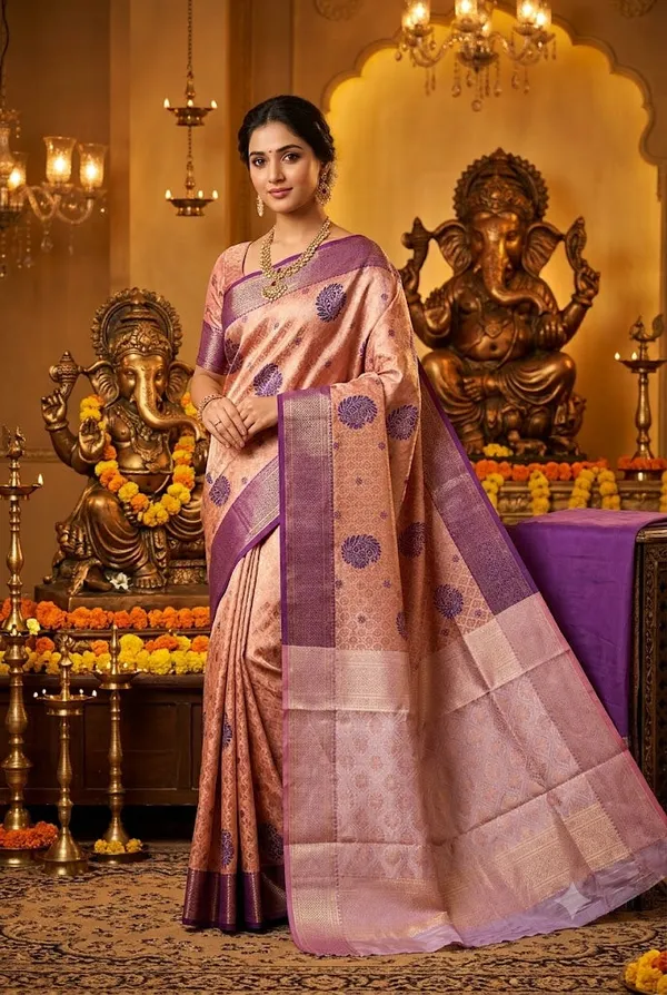 Elegant_Peach_Purple_Kanjivaram_Silk_Saree_For_Festive_Celebrations_Pink