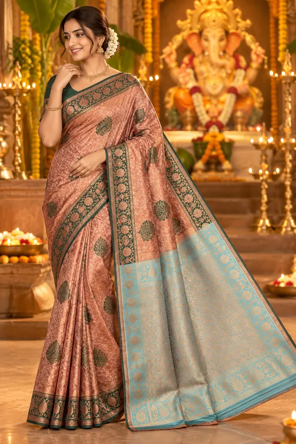 Elegant_Peach_Silk_Saree_With_Green_Zari_Border_Peach_Pink