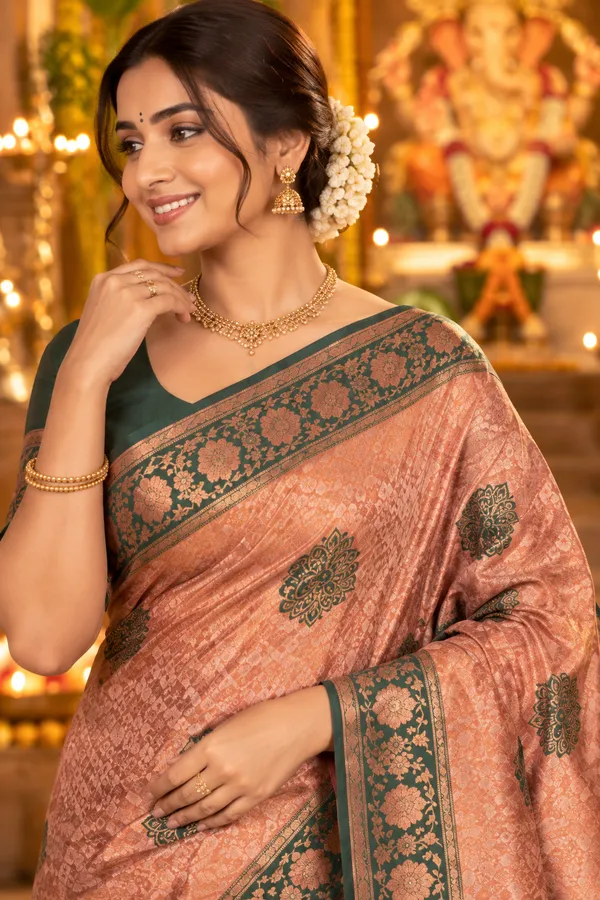 Elegant_Peach_Silk_Saree_With_Green_Zari_Border_Peach_Pink