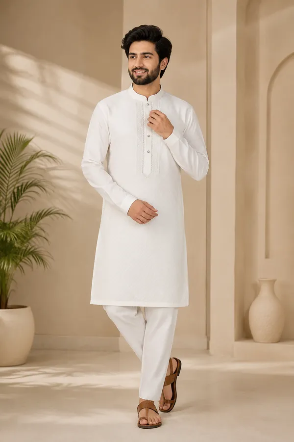 Elegant_White_Self_Textured_Kurta_Pajama_For_Men
