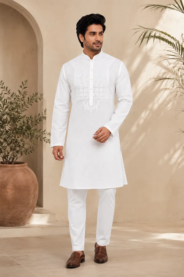 Premium_White_Embroidered_Kurta_Pajama_For_Men