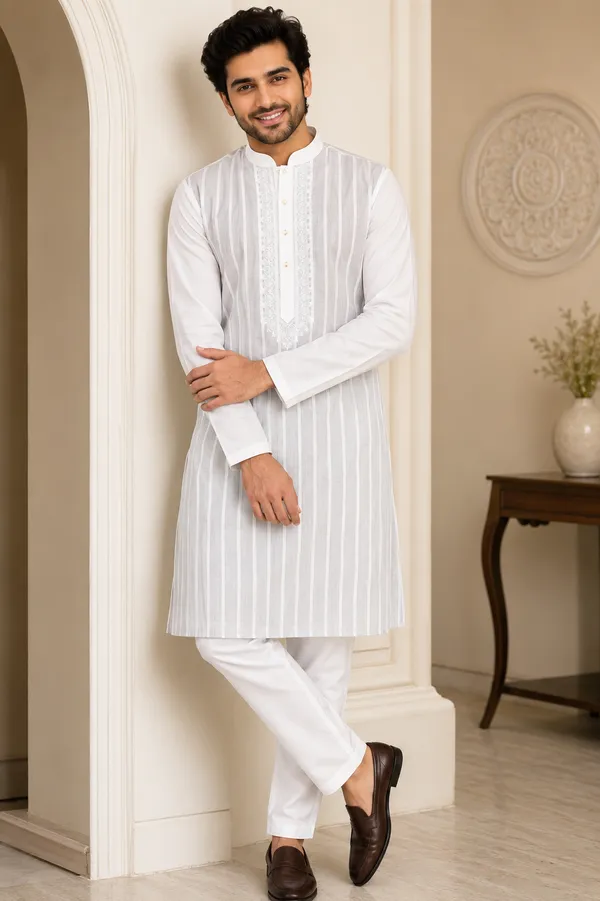 White_Striped_Embroidered_Kurta_Pajama_For_Men