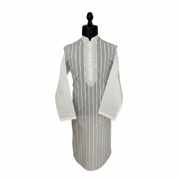 White_Striped_Embroidered_Kurta_Pajama_For_Men