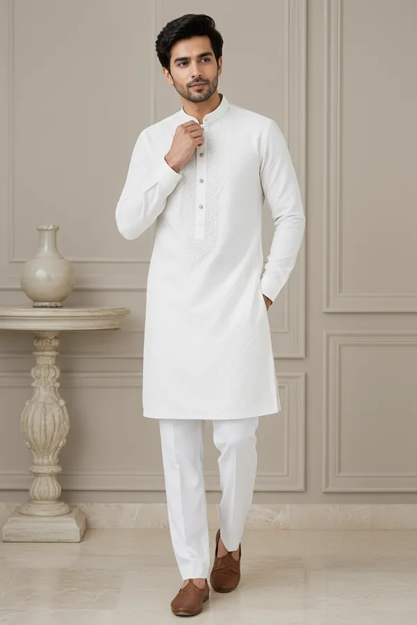 White_Self_Textured_Embroidered_Kurta_For_Men