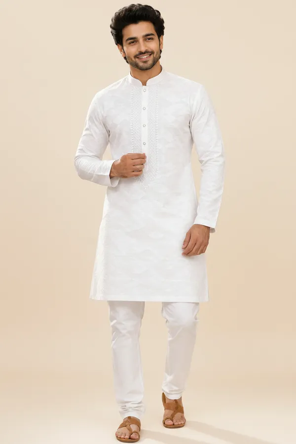 White_Self_Textured_Embroidered_Kurta_For_Men