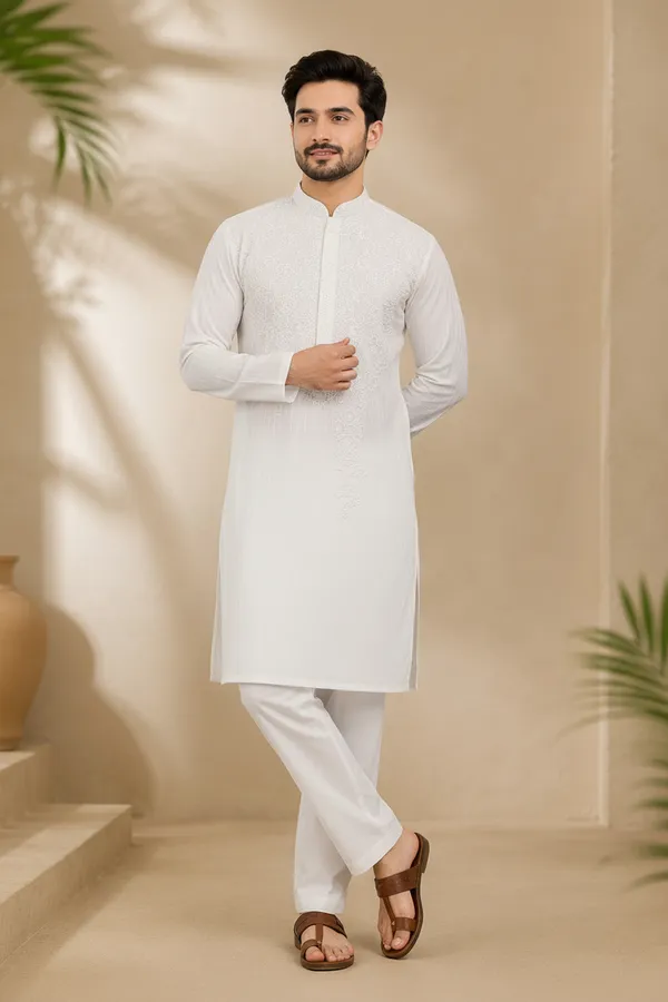 White_Embroidered_Self_Stripe_Kurta_Pajama_For_Men