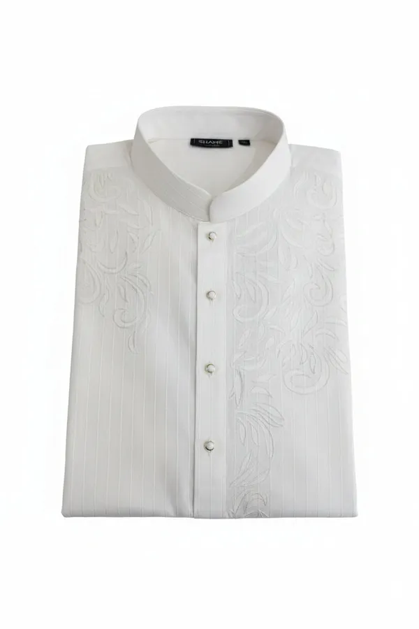 White_Embroidered_Self_Stripe_Kurta_Pajama_For_Men