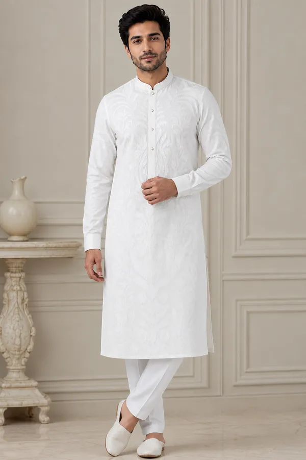 Premium_White_Jacquard_Kurta_Pajama_For_Men