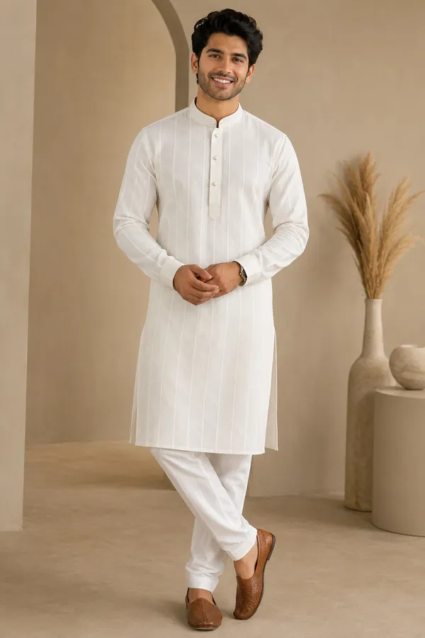 Classic_White_Self_Patterned_Kurta_Pajama_For_Men