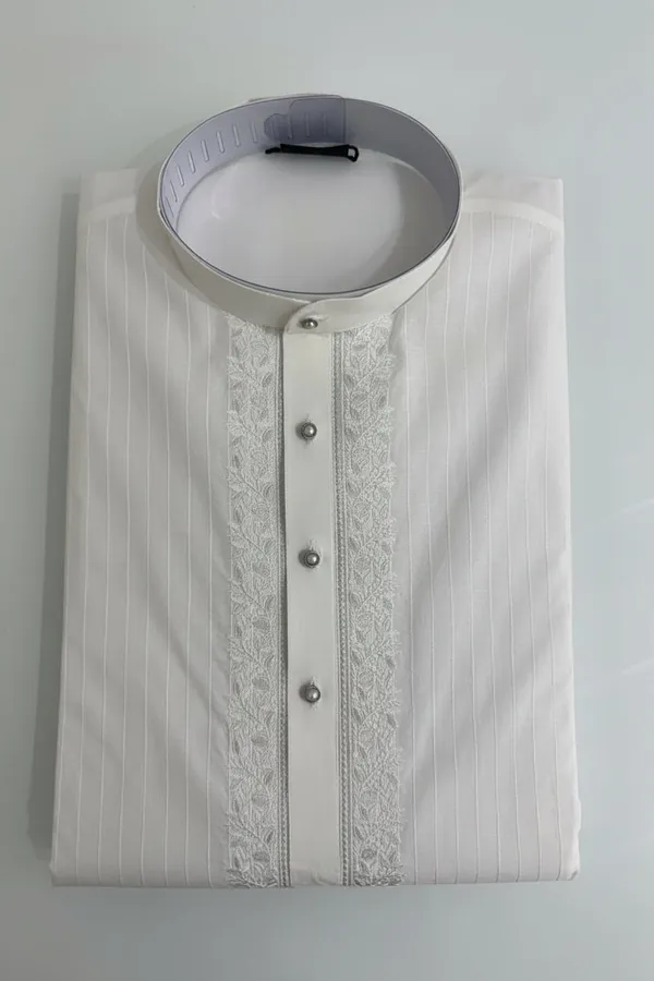 White_Striped_Embroidered_Kurta_Pajama_For_Men