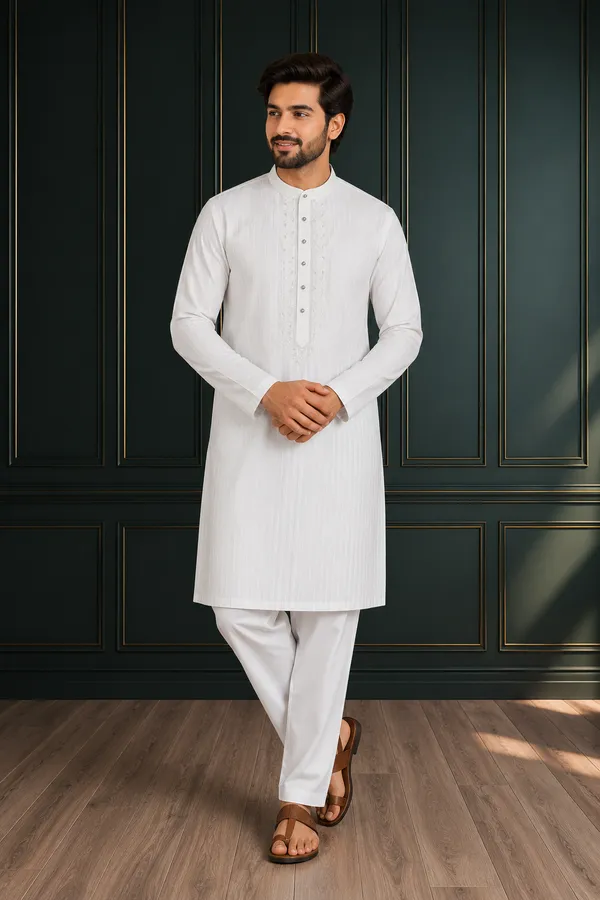 White_Striped_Embroidered_Kurta_Pajama_For_Men