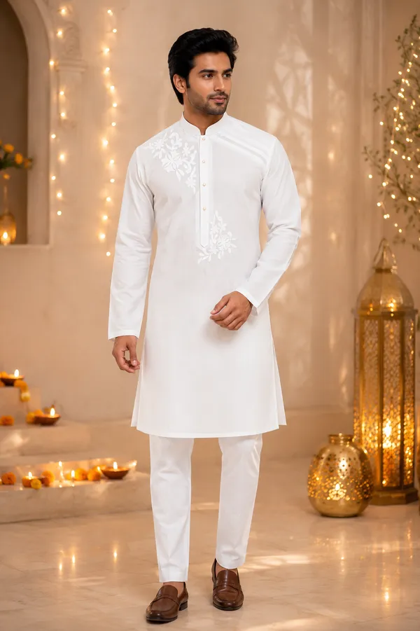 White_Floral_Embroidered_Kurta_Pajama_For_Men