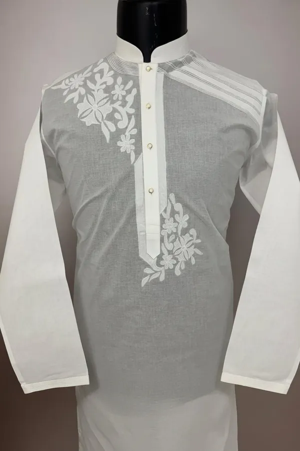 White_Floral_Embroidered_Kurta_Pajama_For_Men