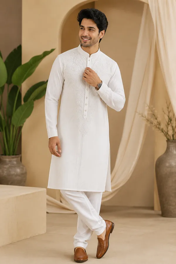 Premium_White_Embroidered_Kurta_Pajama_For_Men