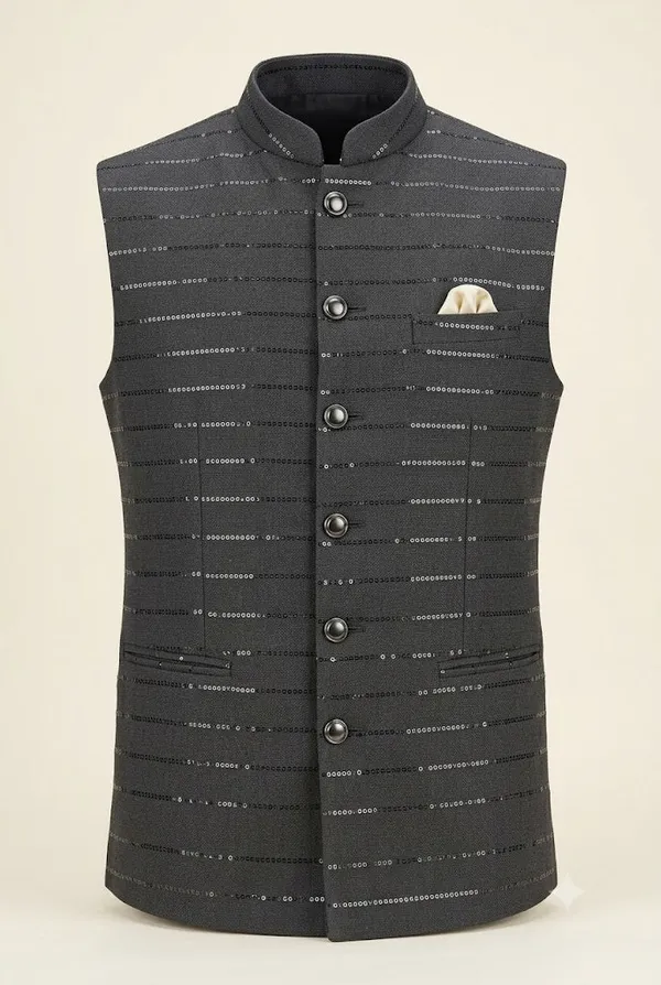 Charcoal_Black_Sequin_Stripe_Nehru_Jacket