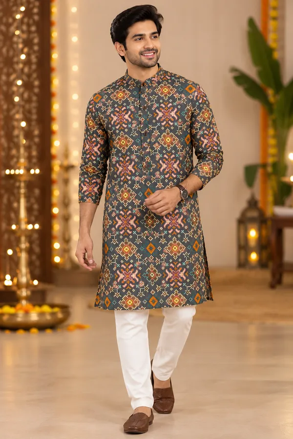 Charcoal_Multicolor_Geometric_Print_Festive_Kurta