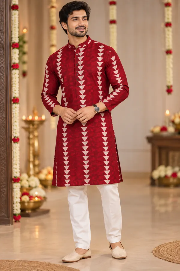 Deep_Red_Geometric_Print_Festive_Kurta