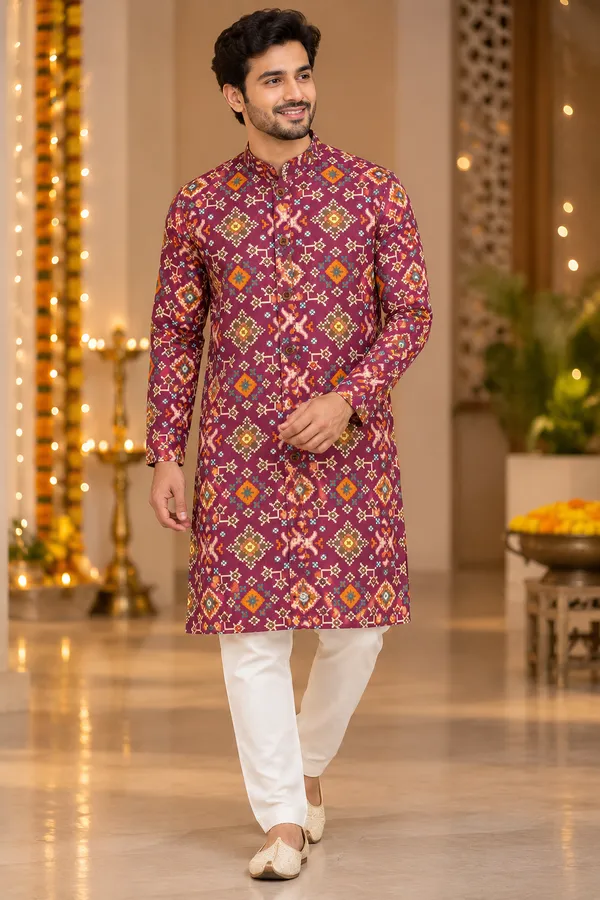 Wine_Multicolor_Geometric_Print_Festive_Kurta