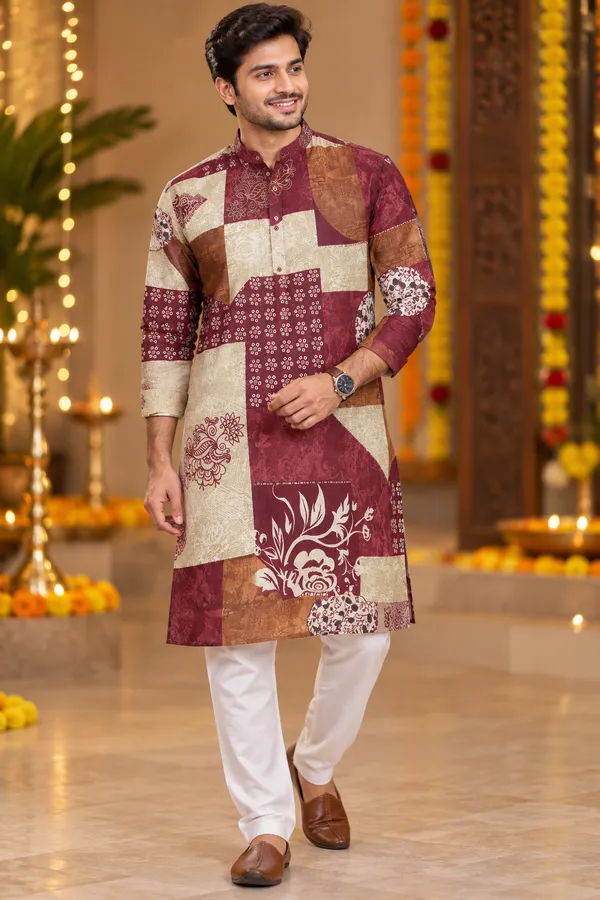 Maroon_Beige_Patchwork_Print_Festive_Kurta