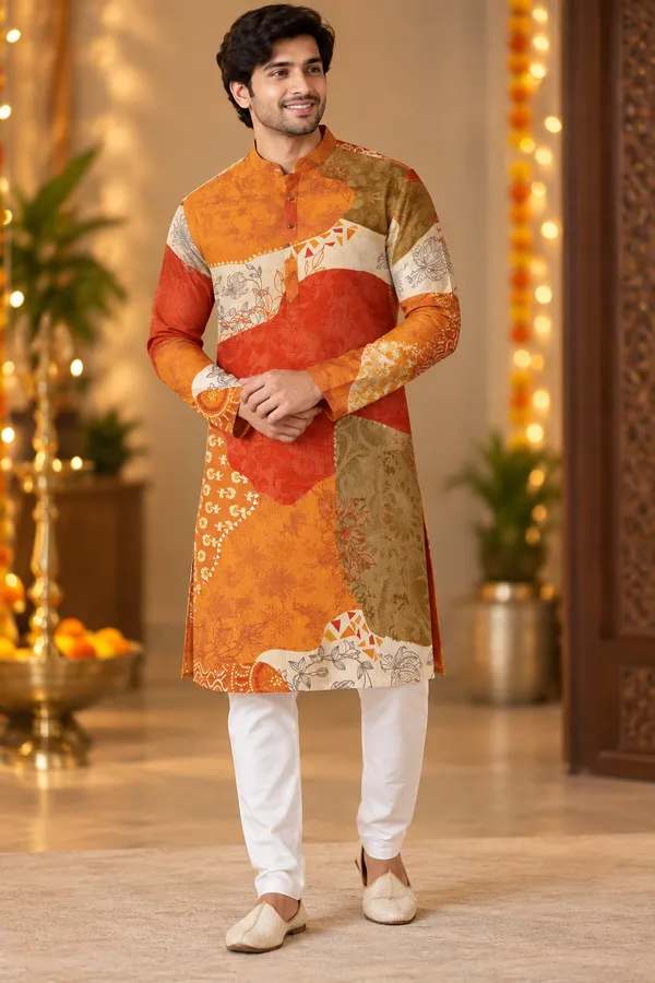 Orange_Rust_Patchwork_Print_Festive_Kurta