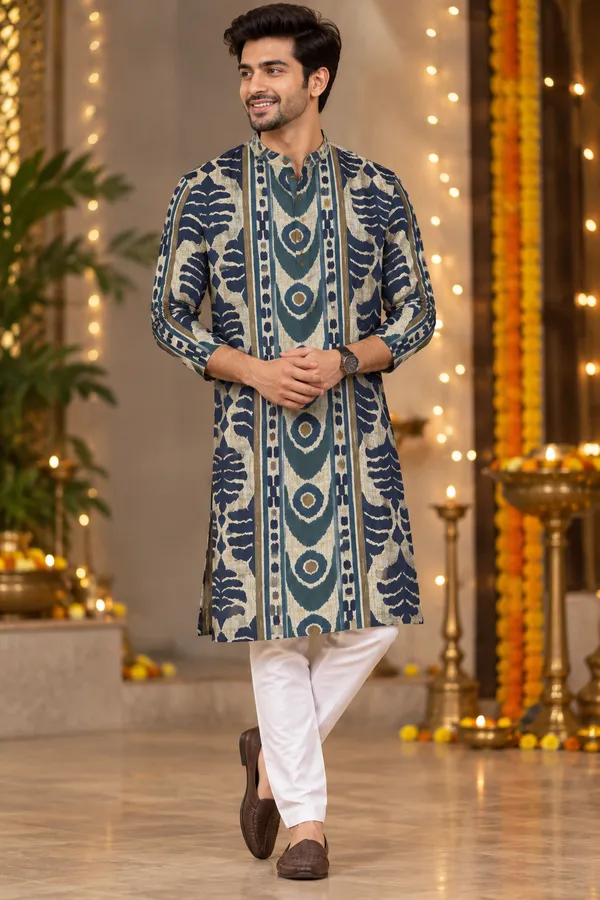 Navy_Blue_Beige_Tribal_Print_Festive_Kurta