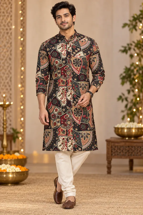 Black_Multicolor_Traditional_Patchwork_Print_Kurta
